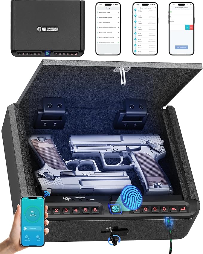 BILLCONCH Gun Safe for Handgun with Fingerprint, App, 0–9 Numeric Keypad | Smart Pistol Safe with 4 Quick-Access Methods, Built-in LED Light, Ideal Steel Biometric Handgun Safe for Nightstand and Home by BILLCONCHSmartGunSafes
