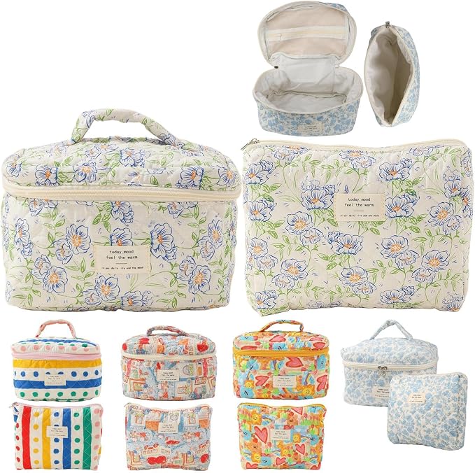 Fcteap Makeup Bag Travel Essentials Quilted Cosmetic Toiletry Pouch Organizer Insert for Women Dorm Room Essential Gift Large Capacity Opening Lightweight Cute Aesthetic Portable 2PCS (Flower) by Fcteap