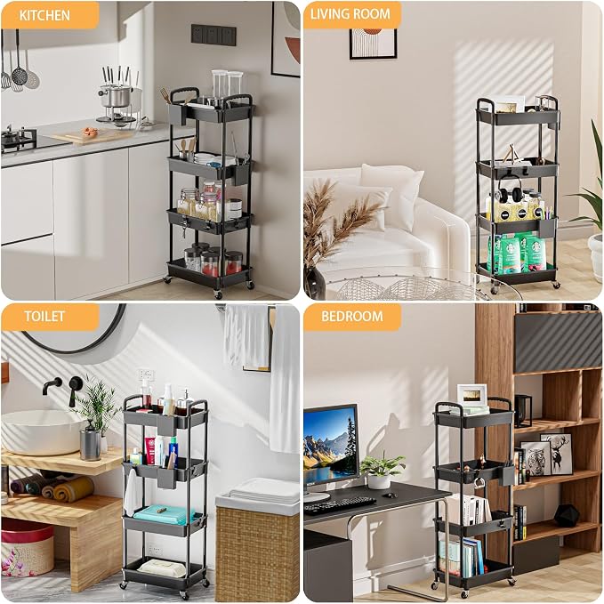 4 Tier Rolling Utility Cart with Handle,REBECAT Utility Cart Made of Multifunctional Storage Organizer Tool for Kitchen,Bathroom,Living Room,Office(Black) - Image 6
