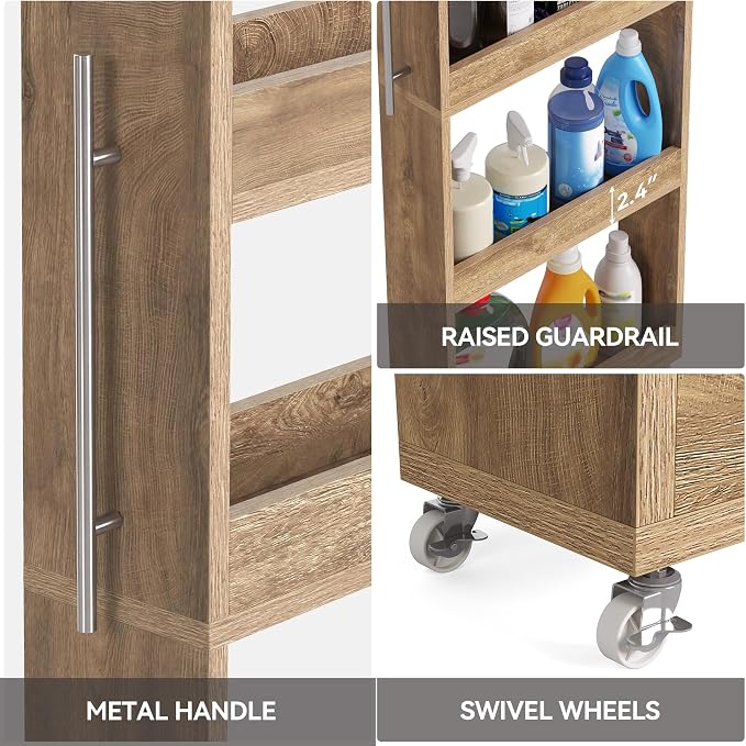 LITTLE TREE 63-Inch Slim Storage Cart on Wheels, 5-Tier Tall Narrow Mobile Shelf Organizer, Rolling Utility Cart with Metal Handle for Kitchen, Dining Room, Small Spaces, Brown - Image 6