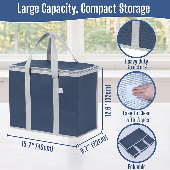 VENO 3 Pack Cooler Bag Insulated Grocery Bags for Food Delivery Heavy Duty | Large Collapsible Cooler, Reusable Shopping Tote w/ Zippers, Foldable, Stands Upright, for Picnic Camping (Dark Blue, 3 Pack) - Image 2