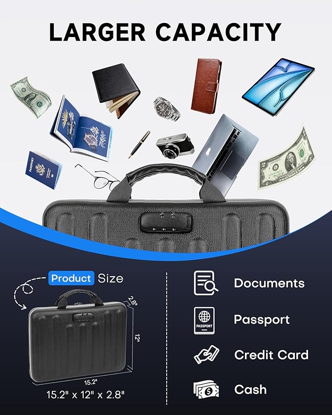 DOZAWA Fireproof Document Box, Waterproof Hard File Organizer with Lock | UL-94 VTM-0 certified 8-layer document box withstands up to 5200°F, featuring waterproof zippers for total file safety, Black - Image 4