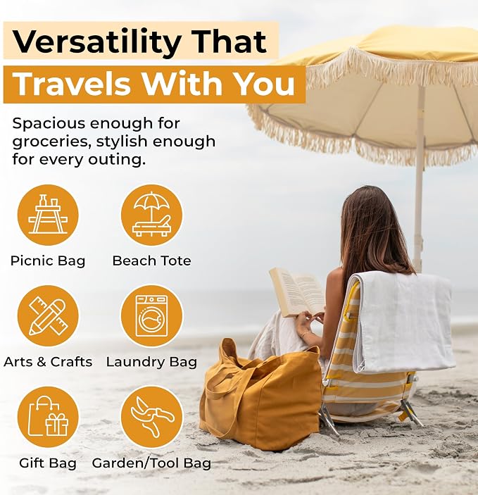 VeraMia Canvas Grocery Bag 3pc XL Set with Real Pockets, Long Shoulder Strap and Short Handle. Heavy Duty, Foldable, Washable - Image 5