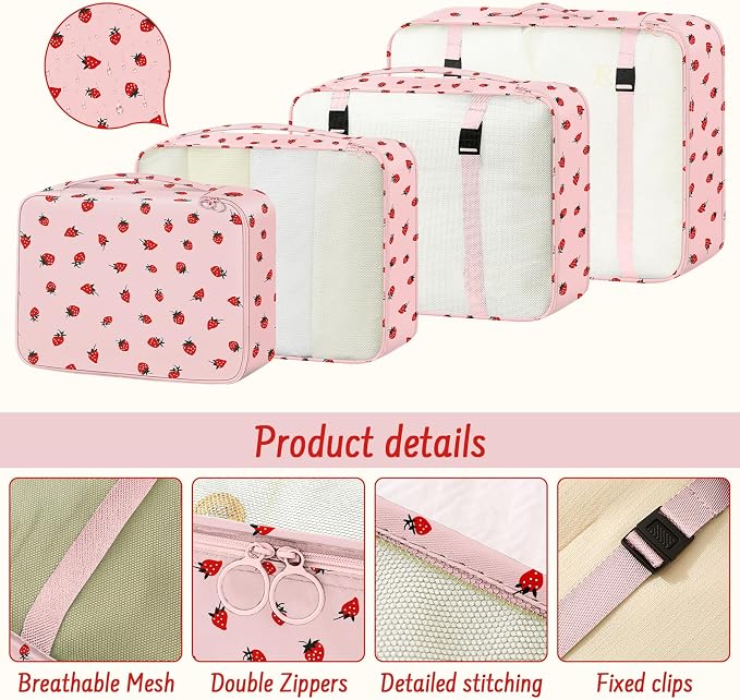9 Set Packing Cubes for Travel Essentials - Lightweight Carry-On Luggage Organizer Bags with Shoe, Clothes & Laundry Bags for Airplane, Family & Business Travel, Pink strawberry - Image 6