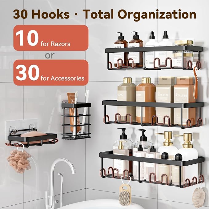 Shower Caddy Adhesive, Rustproof Shower Organizer, Wall Shower Rack | Large Capacity Shower Shelves for Inside Shower, Shampoo Shower Holder, Black, 3 Caddies, 1 Soap Dish, 1 Toothbrush Holder - Image 3