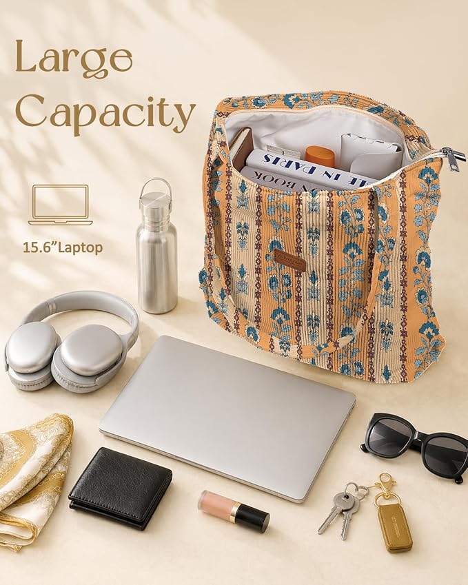 Aesthetic Corduroy Tote Bag with Zipper for Women | Reusable, Fits 14 Inch Laptop, Inner Pocket, double-sided print, Lightweight - Image 6