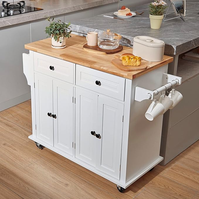 VEVOR Kitchen Island Cart with Solid Wood Top, 35.4" Width Mobile Carts with Storage Cabinet, Rolling Kitchen Table with Spice Rack, Towel Rack, and Drawer, Portable Islands on Wheels, White | Rolling Table with Storage Cabinet, Spice/Towel Rack, Drawe... - Image 8