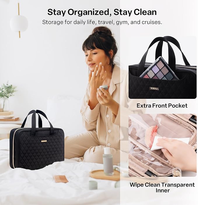 Everfun Travel Toiletry Bag with Hanging Hook and Leakproof Wet/Dry Compartments, Large Capacity Makeup Cosmetic Organizer for Women, 12x9x4.5 Inch, Black - Image 6