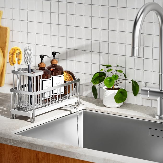 Cisily Sponge Holder for Kitchen Sink, Sink Caddy Organizer with High Brush Holder, Kitchen Countertop Organizers and Storage Essentials, Rustproof 304 Stainless Steel (Large Silver, 10.62″) - Image 7
