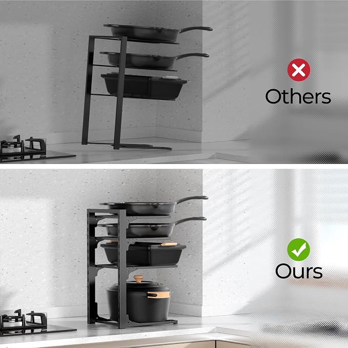 MUDEELA Pot and Pan Organizer Under Cabinet 15.75", 4-Tier Pot Rack, 2 Pack | Adjustable Tier, Tool-Free Assembly, Max 88 Lbs, Fits Cast Iron Pans, Skillets & Heavy Shallow Cookware, For Kitchen Cabinets - Image 5