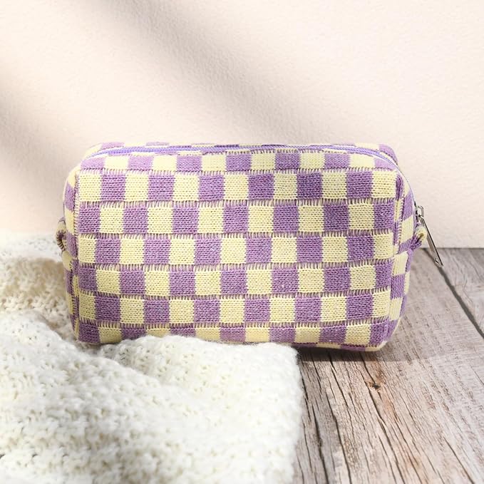 SOIDRAM 2 Pcs Checkered Makeup Bag Large Cosmetic Bag Toiletry Bag Makeup Pouch Travel Bag Organizer Cute Makeup Brushes Aesthetic Accessories Storage Bag for Women Purple - Image 6