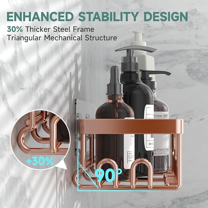 Veken Shower Caddy 6-Pack, No Drilling & Rustproof, Waterproof Adhesive Shelves Rack with Soap Holder, Large Capacity Bathroom Organizers and Storage, Wall-Mounted Kitchen & Home Decor, Rose Gold - Image 2