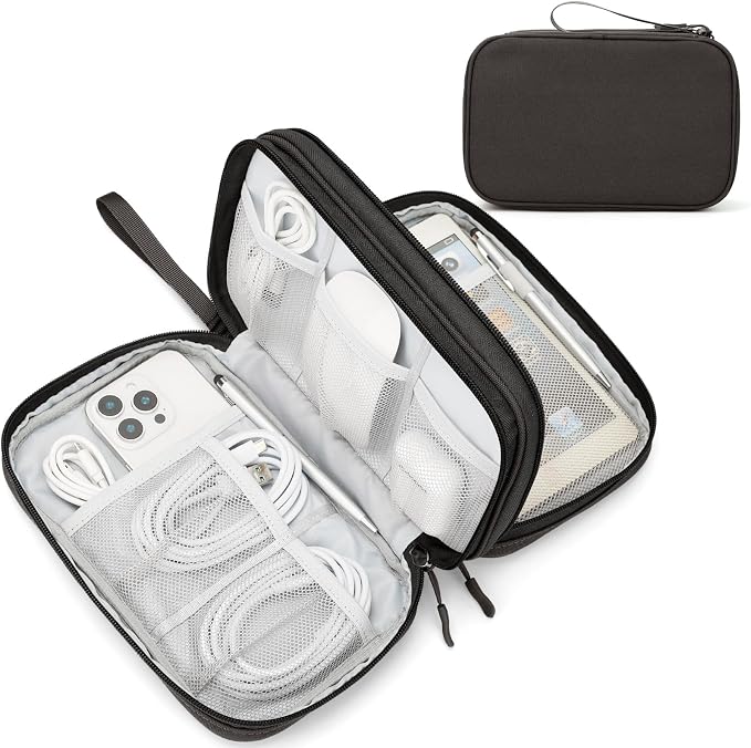 FYY Electronic Organizer, Travel Tech Pouch Bag, Large, Coffee | Wrist Strap, Waterproof, Double Layers Portable Electronics Travel Carrying Case for Cord, Charger, Daily Business Trips Use by FYY
