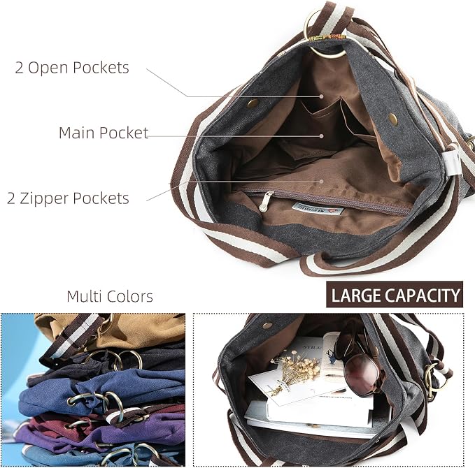 Goodhan WomCanvas Backpack Daypack Casual Shoulder Bag, Vintage Heavy-duty Anti-theft Travel Backpack(Grey Black) - Image 5