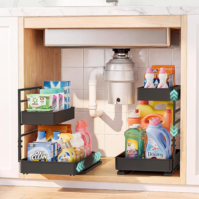 EVERIE Height Adjustable 2 Tier Metal Pull Out Slide Shelf Organizer for Under Sink Cabinets in Kitchen, Bathroom, with Snap-on Top Tray, 16" Deep (Black, 2 Sets) | Pull Out by EVERIE