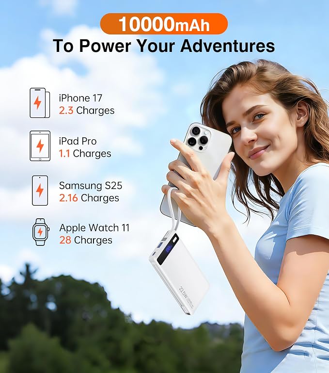 Power Bank with 2 Built-in Cables 10000mAh,22.5W Fast Slim Portable Charger | USB C Battery Pack, Travel Essentials Gift PD Fast Charging Powerbank For iPhone 17 16 15 Plus Pro Galaxy iPad White(1 Pack) - Image 8
