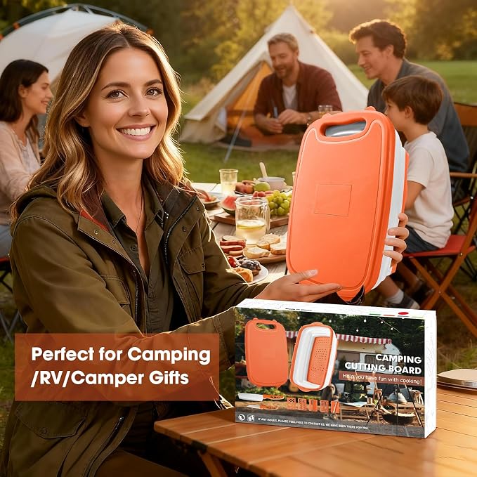 Gintan Camping Cutting Board, 9-in-1 Collapsible Chopping Board with Colander, Kitchen Vegetable Washing Basket for Camping, Camping Gifts Camping Accessories for RV Campers (orange) - Image 2