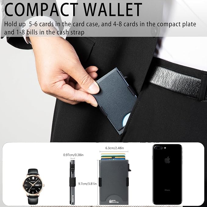 Slim Card Holder Wallet for Men, Minimalist RFID Blocking Pop Up Wallet, Smart Metal Business Card Case Holds 12 Cards, Money Clip, Front Pocket Wallet, Gifts for Men - Image 6