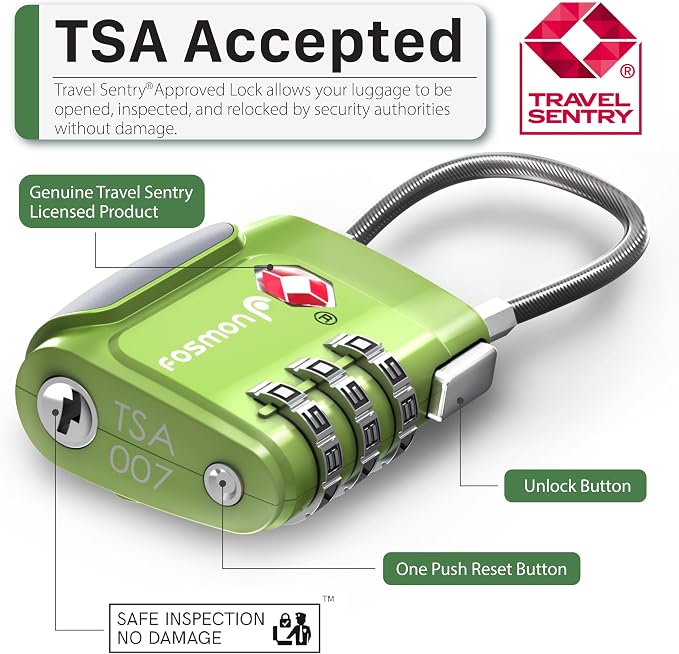 Fosmon TSA Approved Cable Luggage Locks, 3 Digit Combination, 2 Pack | Push Release Button, 3 Digit Long Shackle, Flexible Wire Padlock, Suitcase Backpack Travel Lock, Gym Locker Security - Image 2