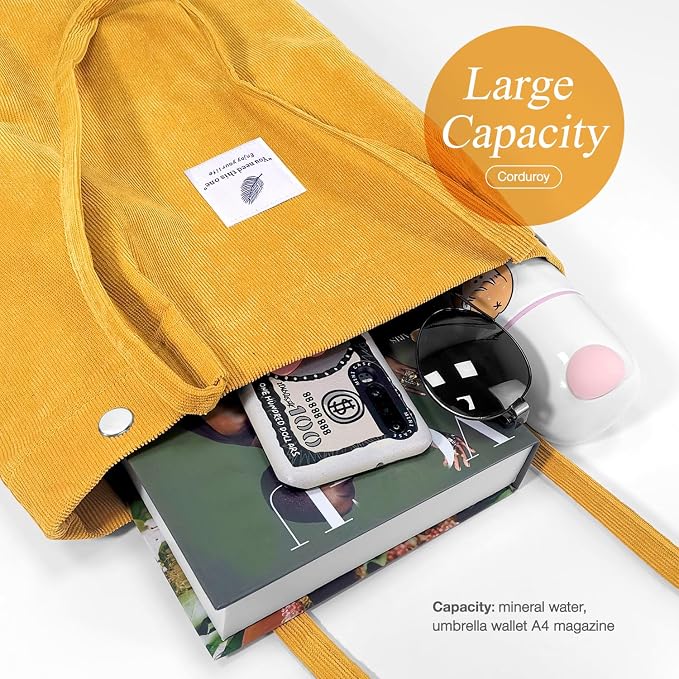 LHMTQVK Corduroy Tote Bags for Women, Large Capacity Tote Purse Reusable Grocery Shoulder Bag with Inner Pockets - Image 4