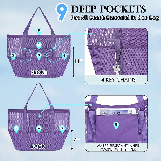 Fammart Mesh Beach Bag for Women, Large Beach Toy Pool Bag with Zipper Pocket, SandProof Cruise Essentials 2026 Family Travel - Image 5