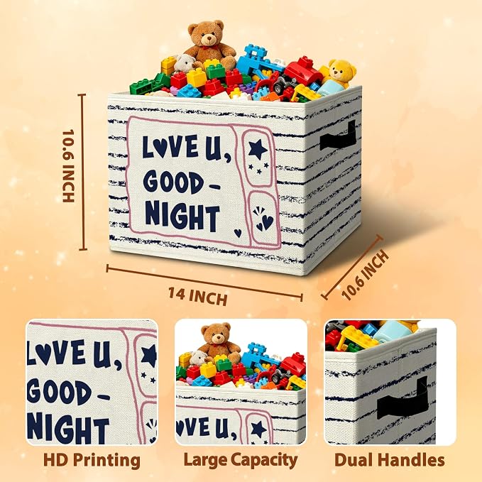 Comforting Goodnight Star Storage Bins Box with Handles Organizer Basket | bedtime heartfelt foldable basket for organizing, striped collapsible toys clothes for nursery bedroom apartment, 10x14 in - Image 3