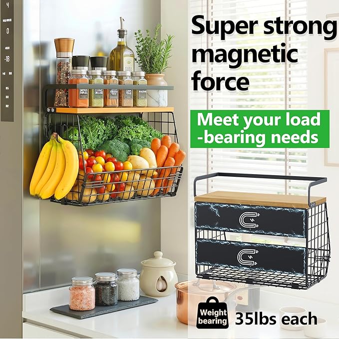2 Pack Magnetic Spice Storage Rack Organizer for Refrigerator, Magnetic Shelf for Fridge with Wood Lid, Organizer for Kitchen & Laundry, Potato and Onion Storage Bins, Large Container, Strong Magnets - Image 2