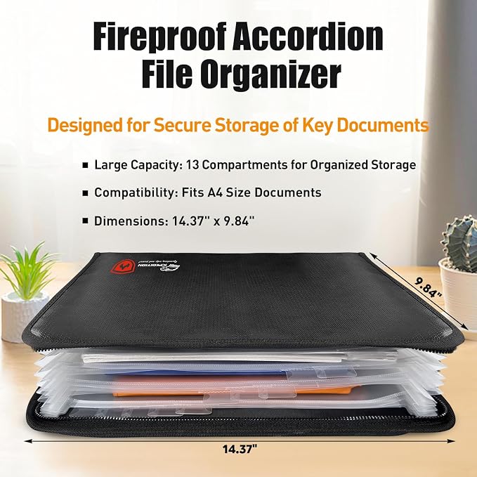 Fireproof Accordion File Organizer,Important Document Organizer,end of Life Planner Organizer Binder，Expanding Portable fire Proof Document Bag，Waterproof Folio Holder File folders for A4 Paper - Image 2