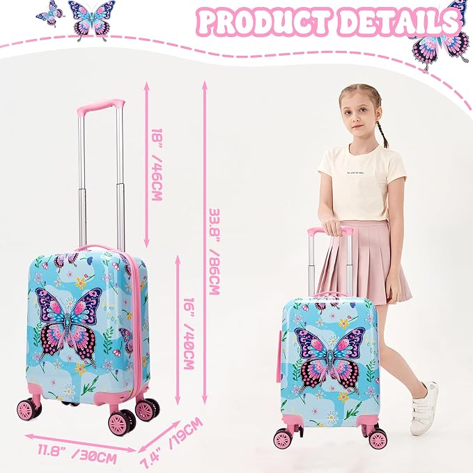 Kids Luggage Sets 2 Piece Rolling Suitcases with Wheels for Girls Hardshell Toddler Suitcase Set with Neck Pillow Airplane 16 Inch Kids' Carry on Luggage Blue Butterfly - Image 2