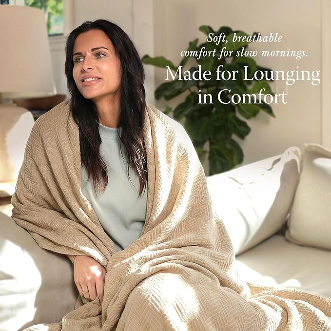 Threadmill Luxury Cotton Blankets for Twin Size Bed | All-Season 100% Cotton Twin Blanket for Bed | Herringbone, Soft & Cozy Fall Thermal Blanket, 350GSM, 68x92 inches | Beige | 100% Cotton, Herringbone Pattern, 350 GSM, 68x92 in, Breathable, Moisture-... - Image 3