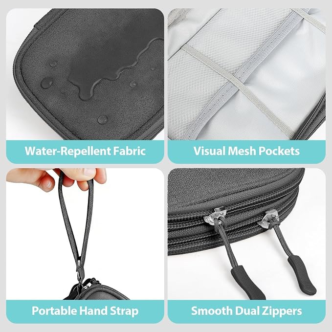 Double Layer Cable Organizer Bag, Travel Tech Pouch, Dark Gray | Water-resistant Oxford fabric with 8 compartments and padded lining for charger protection. Includes 8 cable ties. - Image 4