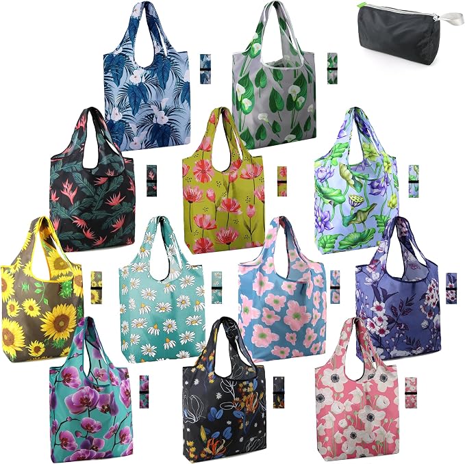 BeeGreen 12 Packs Flower Reusable Grocery Bags Reusable Tote Bags Extra Large 50LBS Cute Floral Design Foldable Reusable Bags for Women Men Lightweight Durable by BeeGreen