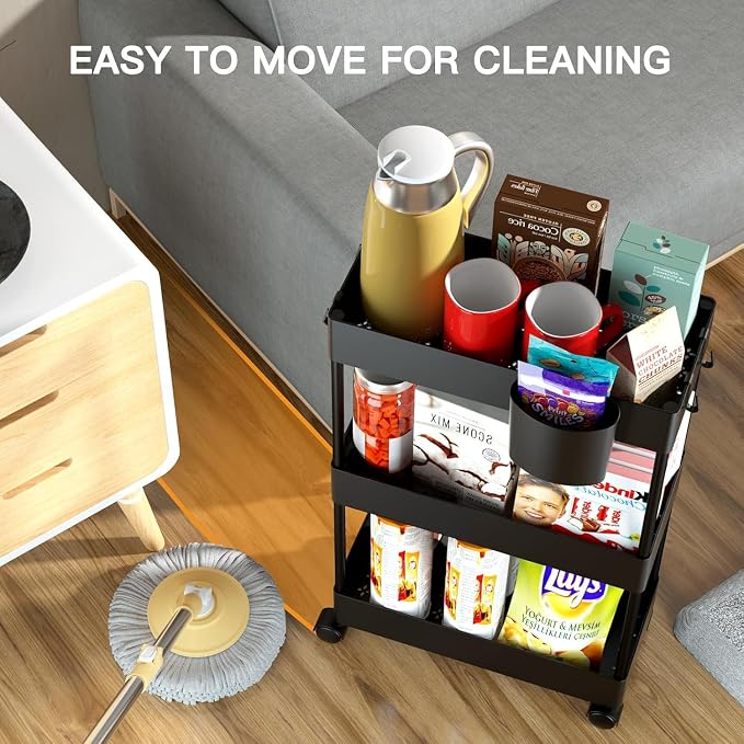 Pipishell 3 Tier Bathroom Storage Cart, Slim Storage Cart with Wheels,Black | 7.1 inch Wide - Fits Narrow Spaces, 1 Storage Cup and 6 Hooks, Ventilation Holes, Durable ABS Material, Detachable Wheels - Image 8