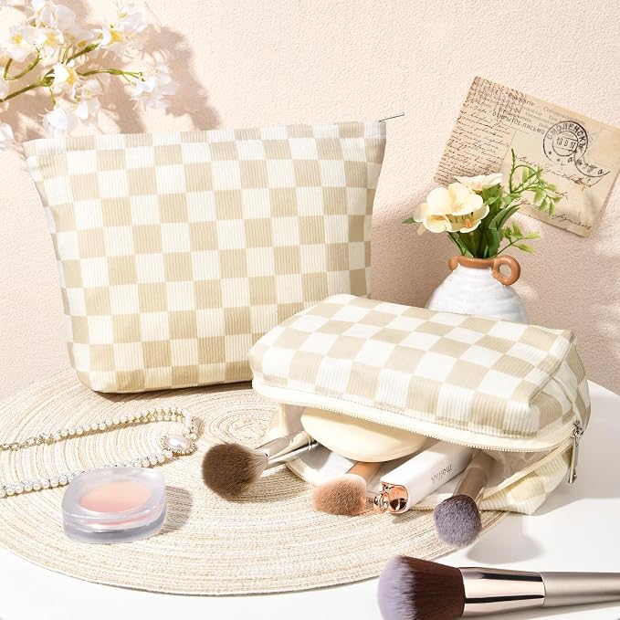 SOIDRAM 2 Pcs Checkered Makeup Bag Large Cosmetic Bag Toiletry Bag Makeup Pouch Travel Bag Organizer Cute Makeup Brushes Aesthetic Accessories Storage Bag for Women Brown Checkered - Image 6
