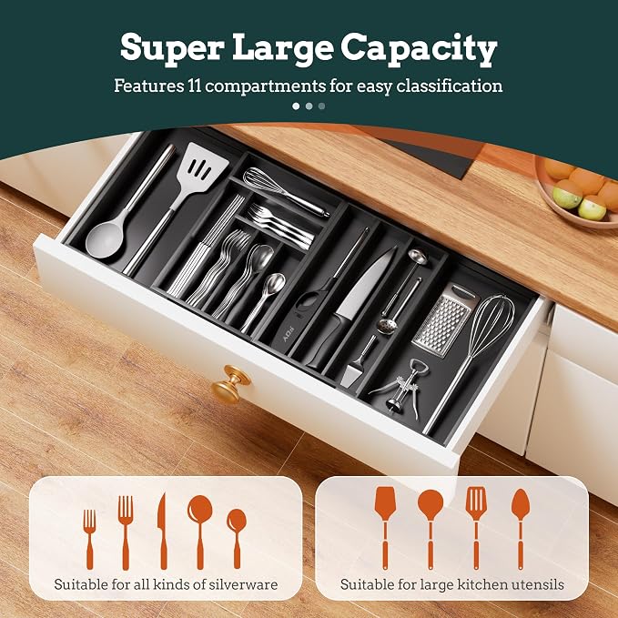 Bamboo Expandable Silverware Drawer Organizer 11 Slots Utensil Holder Black | Magnetic Adjustable Connection, 21-37.4 Inch Telescopic, 11 Divided Compartments, Black Bamboo, Classify All Kitchen Flatware - Image 2