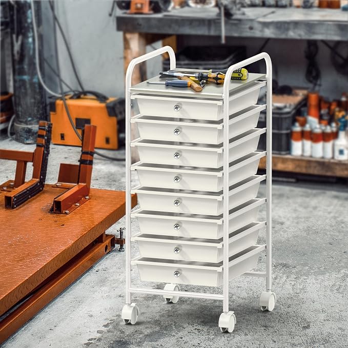 Simple Houseware 8 Drawers Rolling Utility Cart Art Craft Storage, White | 1-Column, 30.25" Height, Lockable Wheels, for School, Office, Art Craft, and Paper Storage - Image 5