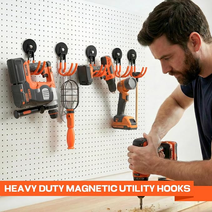 Heavy Duty Magnetic Utility Hooks ，J-Type Storage Hooks, with Anti-Slip Layer, Suitable for Metal Cabinets, Hanging Boards, Garage Shelves, Gardening Tools (Orange 4 pro) - Image 4