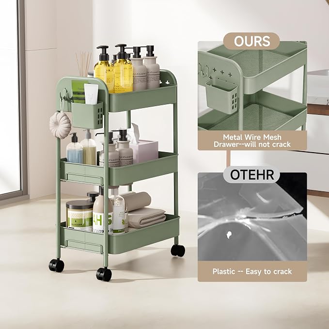 Heavy-Duty Rolling Cart 3 Tier Metal Utility Storage Cart | with Casters, Hooks & Hanging Cups, Rolling Storage Organizer for Kitchen Office Craft Snack Book - Image 7