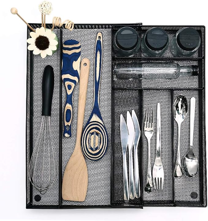 JANE EYRE Utensil Drawer Organizer - Expandable Cutlery Tray, Silverware/Flatware Storage Divider for Kitchen, Mesh Designing with Non-slip Rubber Feet (black) - Image 7