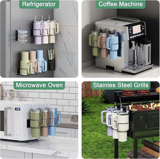 Magnetic Cup Holder for Fridge, Aufworld Tumbler Organizer Fits 20/30/40 oz Stanley Cups, Accessory Storage with Lid & Straw Holder, Space-Saving Storage Rack for Kitchen Fridge (Black-Cup Holder Set) - Image 6