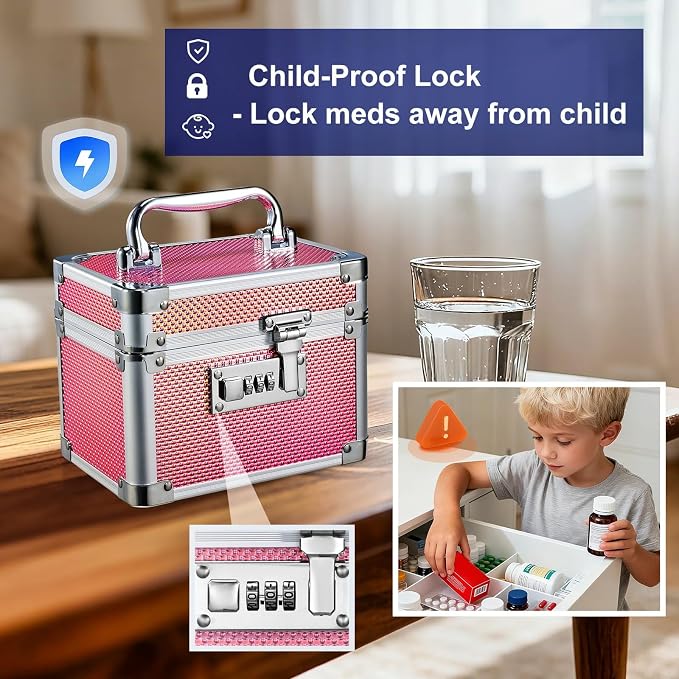 Medicine Lock Box with 3-Digit Combination Lock – Pink Lockable Storage Box for Medication, Small Lock Box for Valuables, 7" Locking Medicine Box, Lock Box for Home Travel Dorm - Image 3