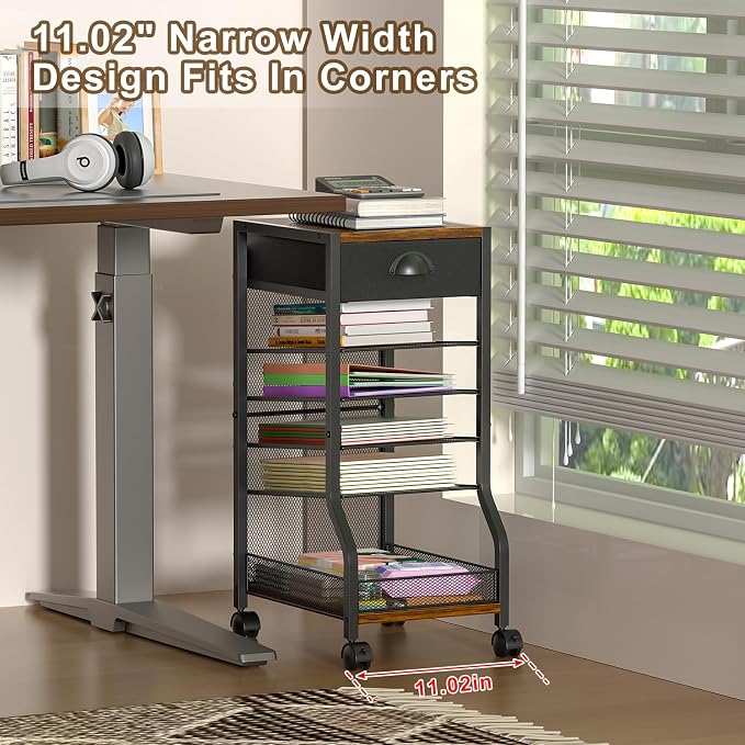 keomaisyto 6-Tier Rolling File Cart with Drawer, Under Desk Storage with Paper Letter Sliding Trays, Standing File Organizer with Wheels, Slim Workspace Organizers for Office/Home/School/Study - Image 3