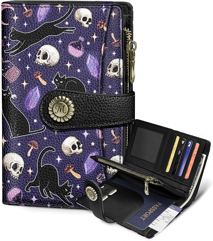 Goth Black Cat Wallet Women RFID Skull Passport Credit Card Holder | 6.7" x 4.4" x 1.3" Bifold, Travel billfold, Zipper Pocket, PU Leather, Clutch, Purse, ID Window, Pen Holder, Gift Ladies Girl by Mavellin