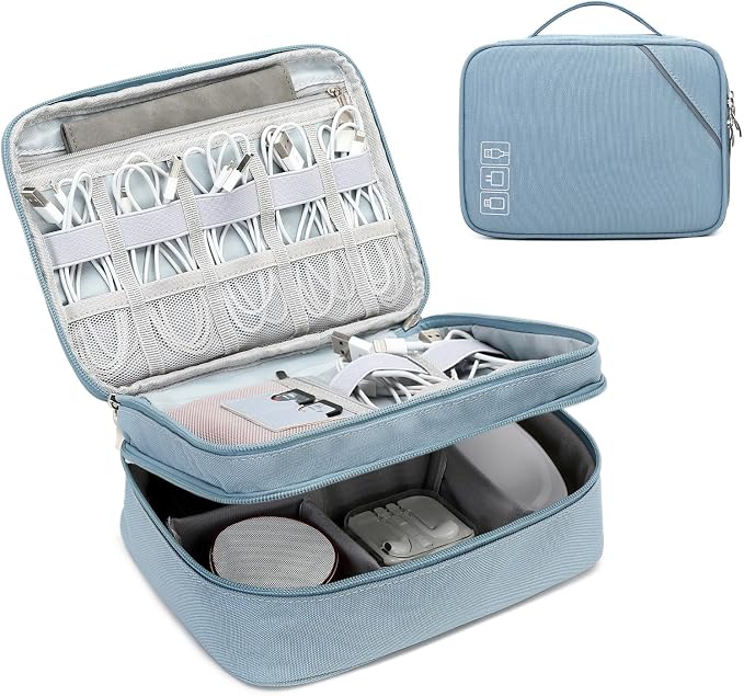 Lanola Electronic Accessories Case,Electronics Travel Organizer, Portable Double Layer Cable Storage Bag for Cord, Charger, Flash Drive, Phone, SD Card,Flash Drive,Adapter - Light Blue by Lanola