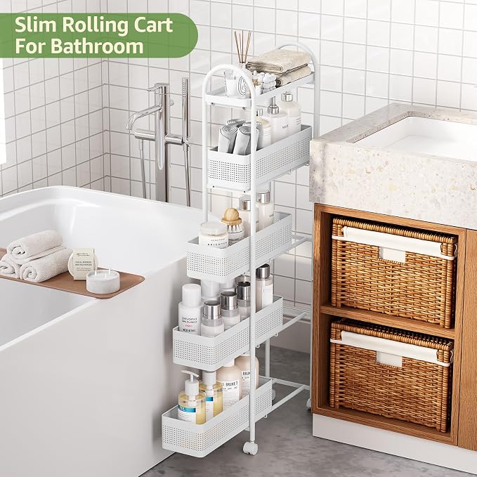 KINGRACK 5 Tier Slim Rolling Cart with Drawer, Metal Utility Storage Cart | 4 Pull-out Baskets, Lockable Wheels, Narrow Space Trolley Organizer for Bathroom, Kitchen, Office, Dorm, Laundry Room, White - Image 8