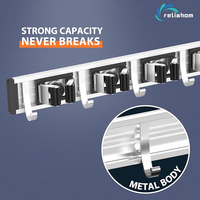 reliahom Broom Holder Wall Mount Mop Hanger Tools organizer 4Racks 5Hooks | Adjustable Mop Broom Wall Hanging Heavy duty Tools Storage Rack Space-saving for Garage,Kitchen,Laundry Room,Garden, Black - Image 2