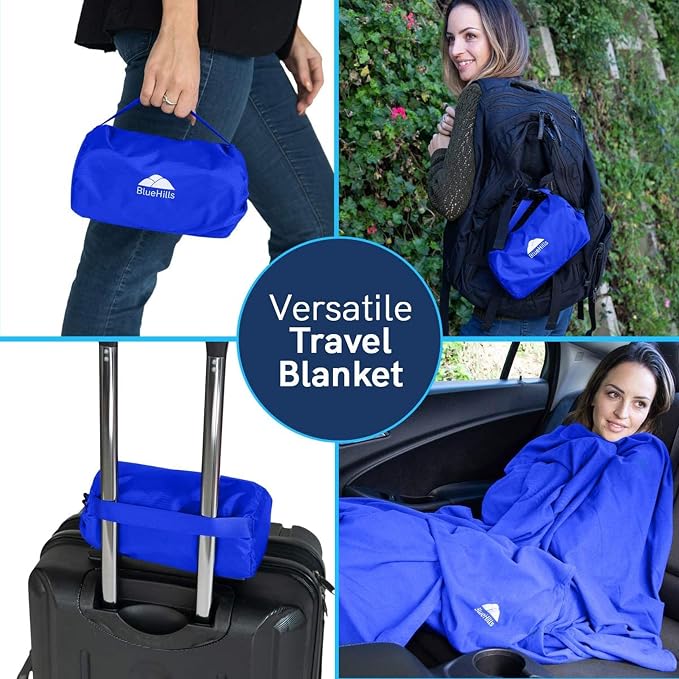 BlueHills Ultra Compact Travel Blanket Pillow Soft Airplane - Royal Blue | Premium Travel Blanket, 70 X 56 Large Size, Luggage Strap & Backpack Clip, Matching Case, Compact & Lightweight Long Flights - Image 3