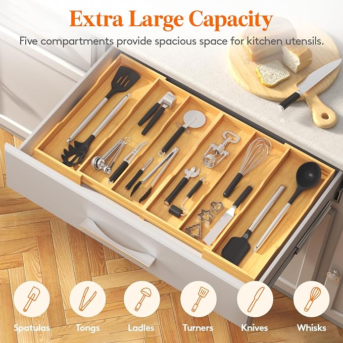 Lifewit Bamboo Utensil Organizer for Kitchen Drawer, Cooking Utensil Tray | Expandable Cutlery Silverware Flatware Holder, Wood Adjustable Spatula Tools Storage Divider, 17.8-28.3 x 17", Natural - Image 5