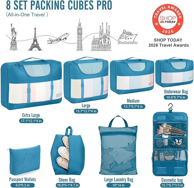 Veken 8 Set Packing Cubes for Travel Essentials, Suitcase Organizer Bags in 4 Sizes, Carry-On Luggage Accessories with Laundry Bag, Airplane Must Have with 99-Count Mesh Holes - Image 2