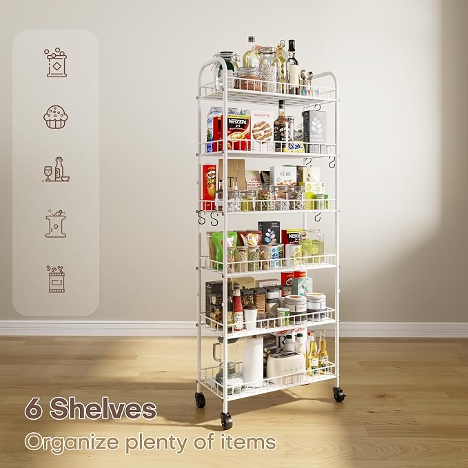 6 Tier Slim Rolling Storage Cart with Wheels, Metal Mobile Shelving Unit Organizer Utility Cart for Office Bathroom Kitchen Laundry Room Narrow Places (White 10 Inches) - Image 6